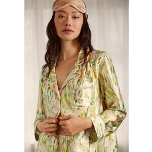 By Anthropologie women’s multicolor satin button front shirt and ruffled shorts